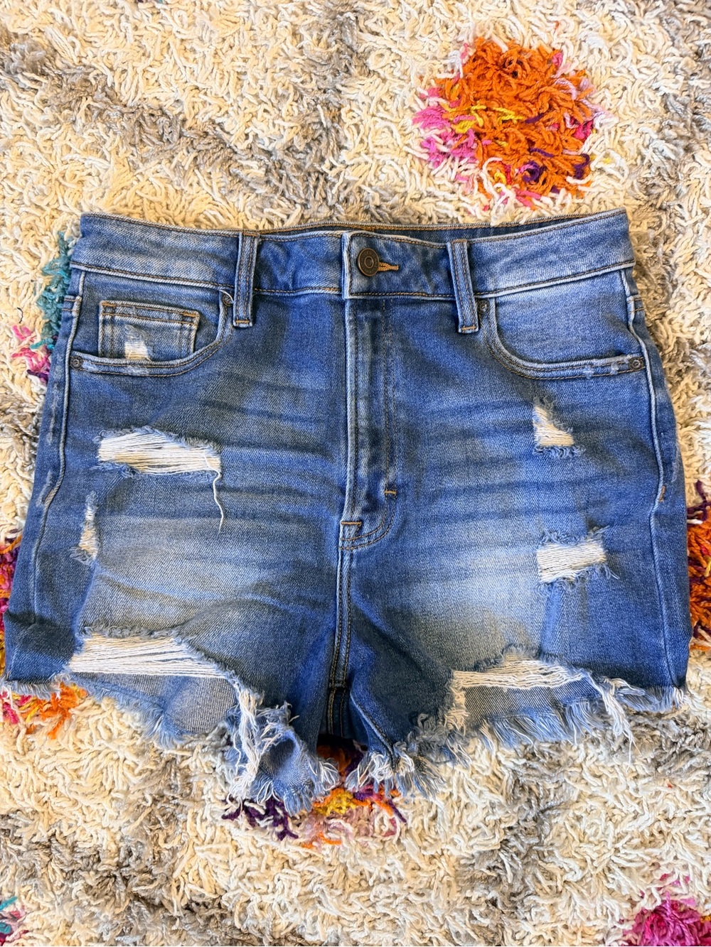 High-Rise Distressed Blue Denim Jean Shorts